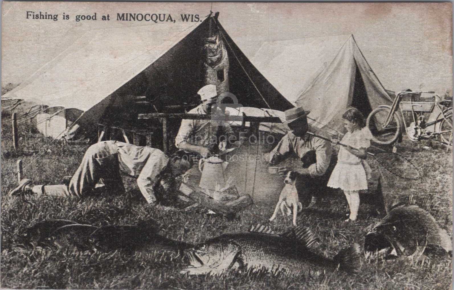 Fishing Camp Minocqua Wisconsin WI Tent Motorcycle Johnson RPPC 1925 Postcard