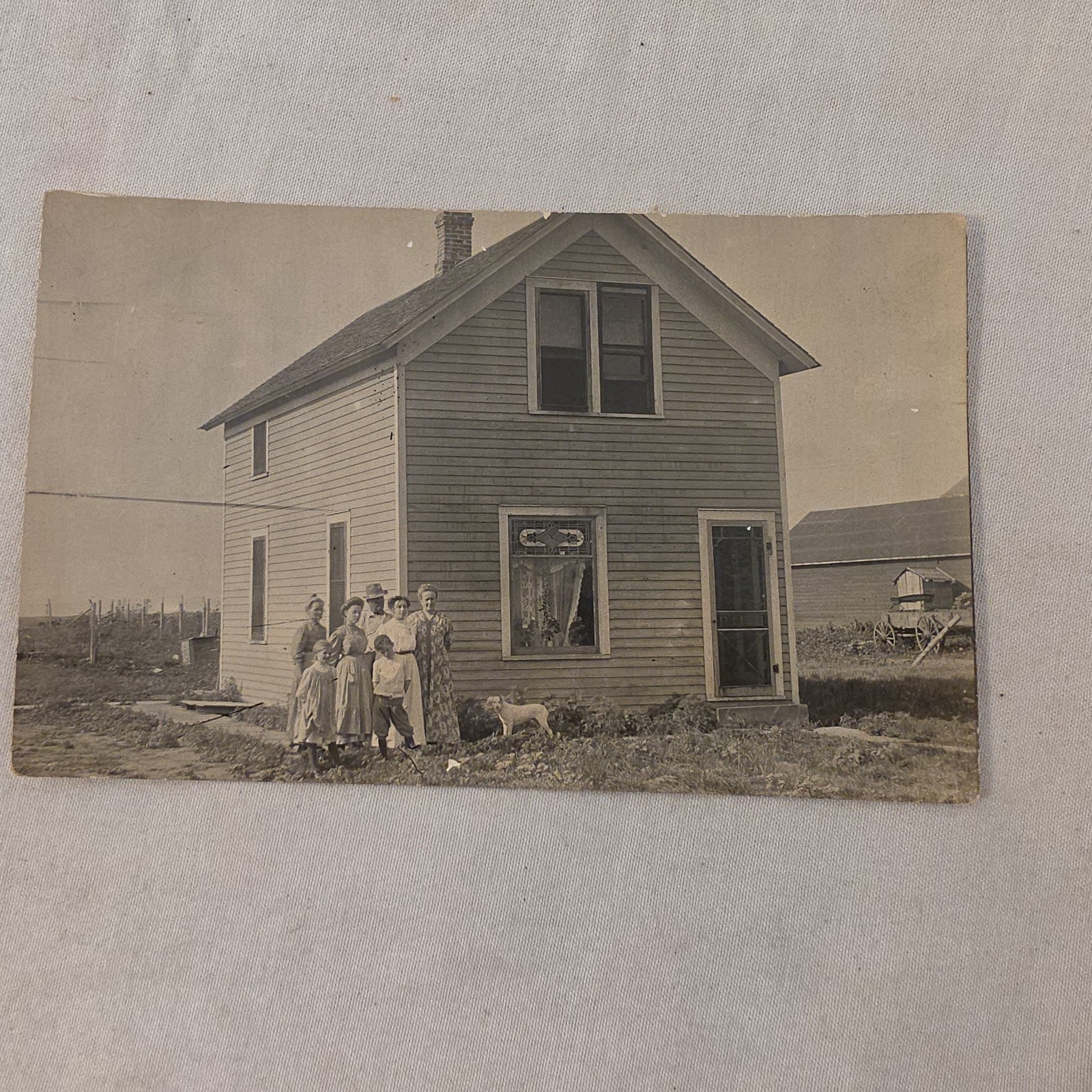 Antique RPPC Real Photo Postcard Family Dog House Cart Farm Unposted AZO