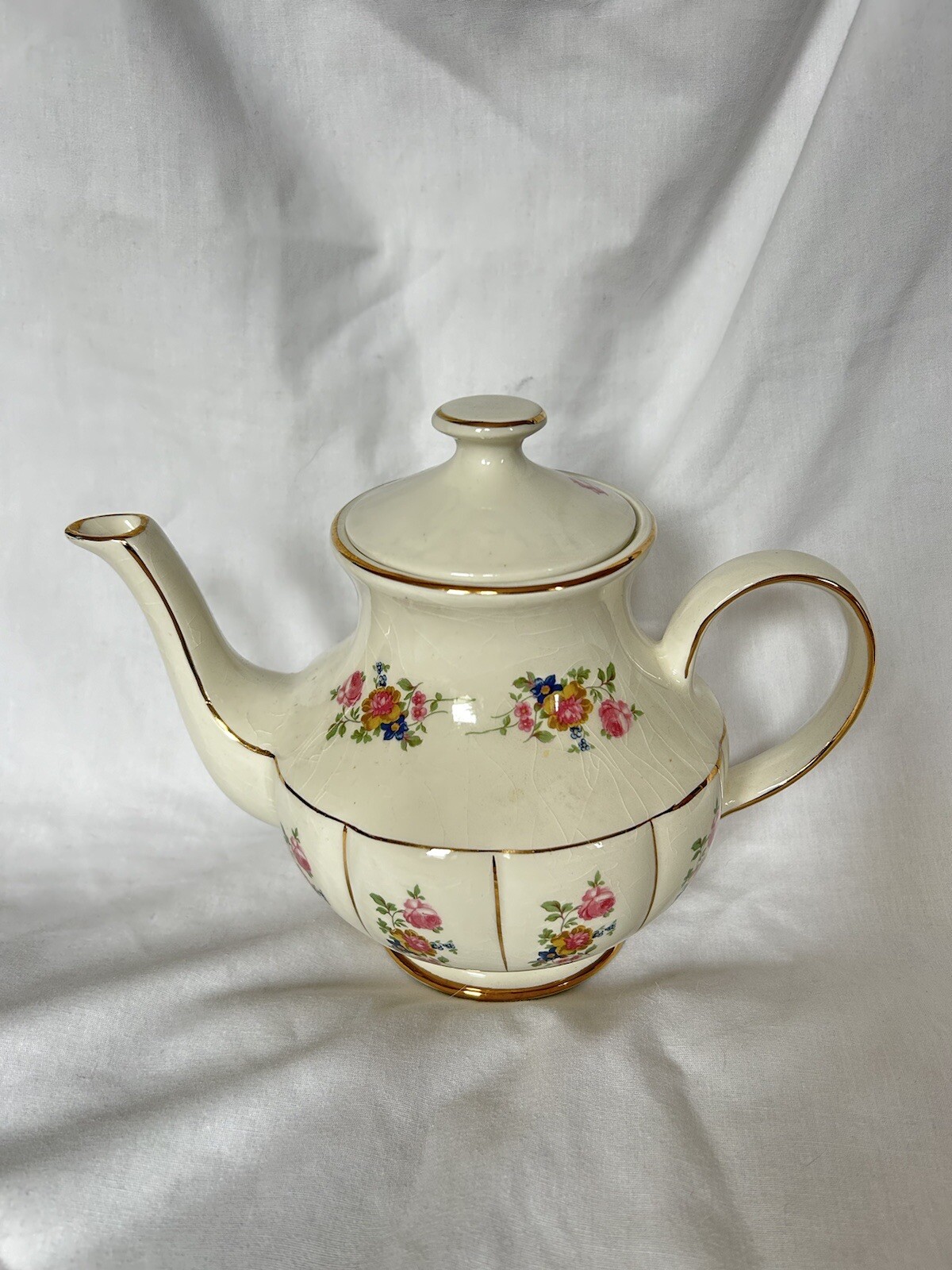 Arthur Wood Teapot 5584 Ivory Pink Flower Design Gold Detailing Made in England