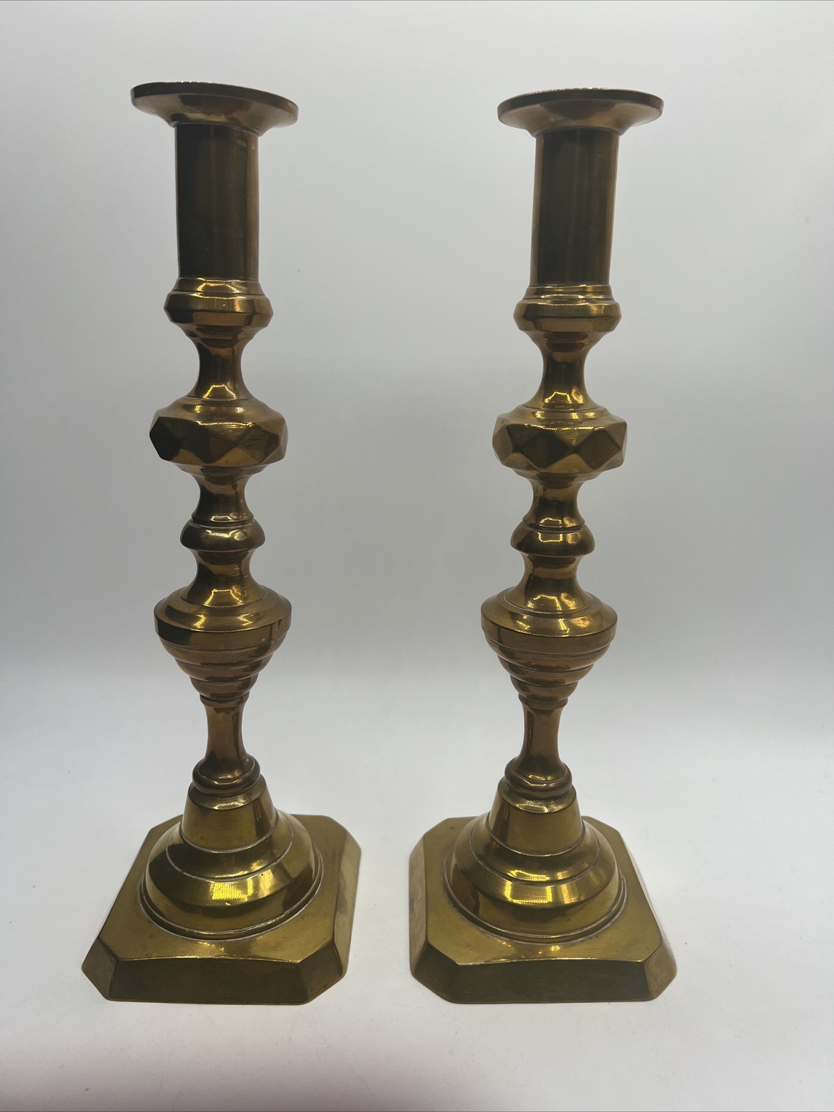 Early 19th Century Antique English Late Georgian Brass Candlesticks Push Up 12”