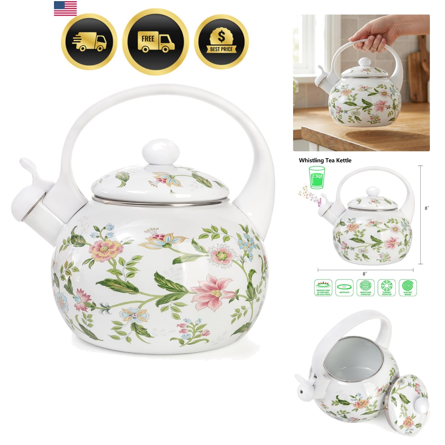 2.3 Quart Vintage Enamel Tea Kettle, Whistling Tea Kettle for Stove Top, Flor... 2.3 Quart Vintage Enamel Tea Kettle, Whistling Tea Kettle for Stove Top, Flor...