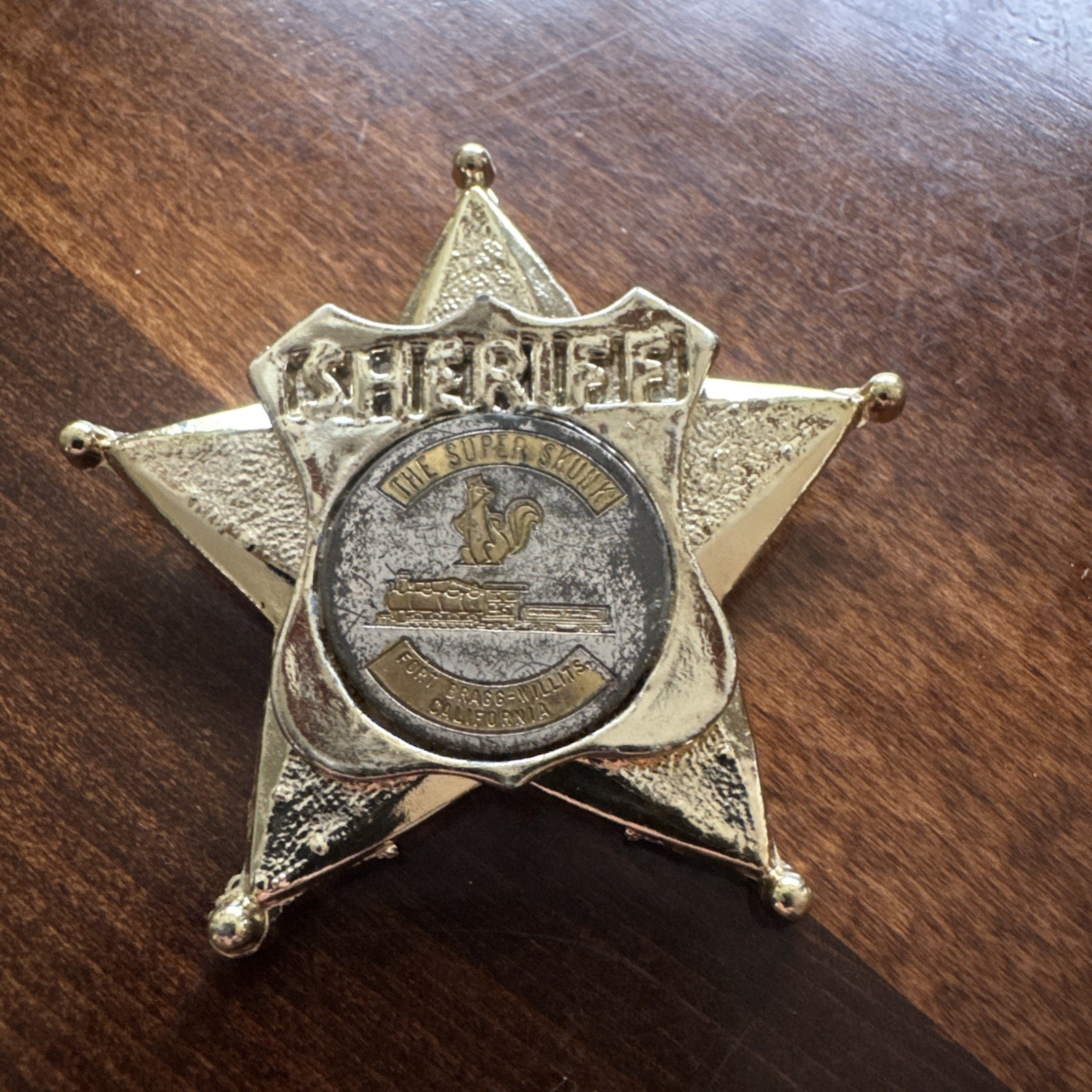 Vintage The Super Skunk Train Sheriff Badge Toy Pin Fort Bragg Willits CA 1960s