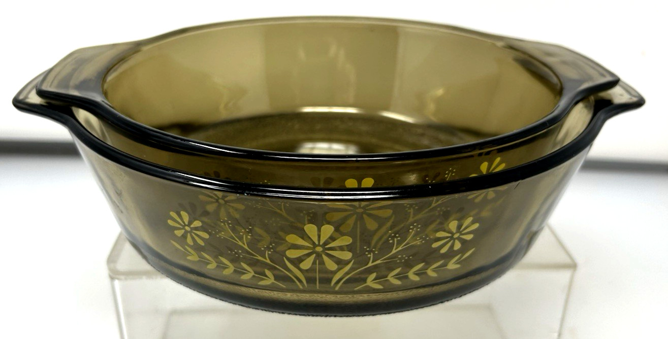 VTG Glasbake Yellow Daisy Smoked Jeanette Glass Baking Casserole Dishes 9\