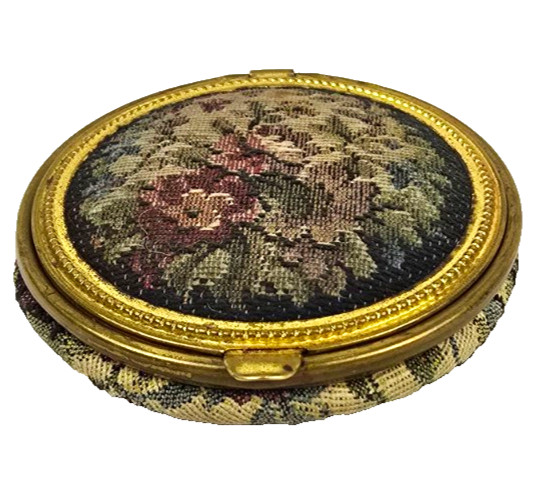 Vintage Round Floral Tapestry Cosmetic Compact Mirror w/ Powder Puff Gold Tone Vintage Round Floral Tapestry Cosmetic Compact Mirror w/ Powder Puff Gold Tone