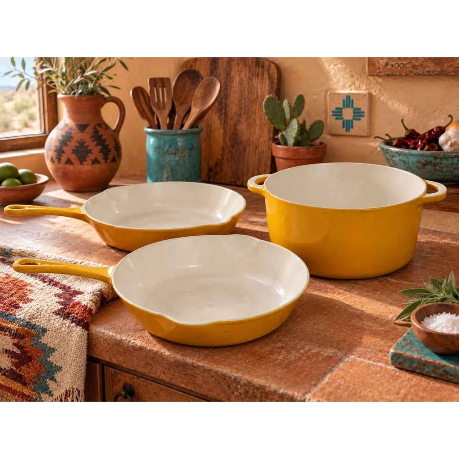 Vintage Descoware Belgium Enameled CastIron Cookware Set Yellow/Mustard–3 Pieces