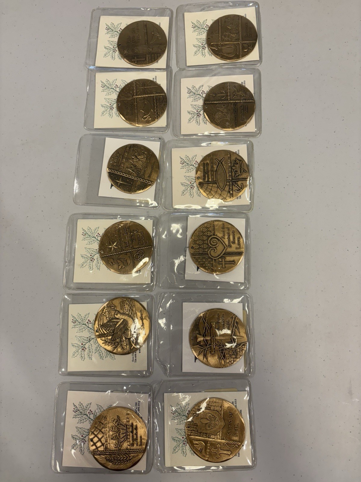 Set Of 12 Wendell August Forge Xmas Ornaments Bronze Religious Cross Bible Quote