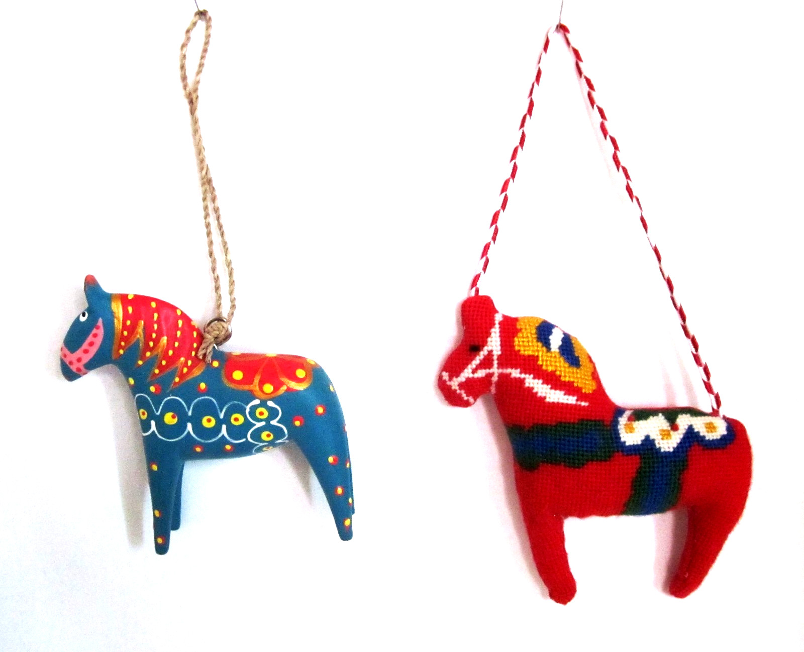 2 Scandinavian Dala Horse Ornaments 1 Painted Wood & 1 Petit Point 4\
