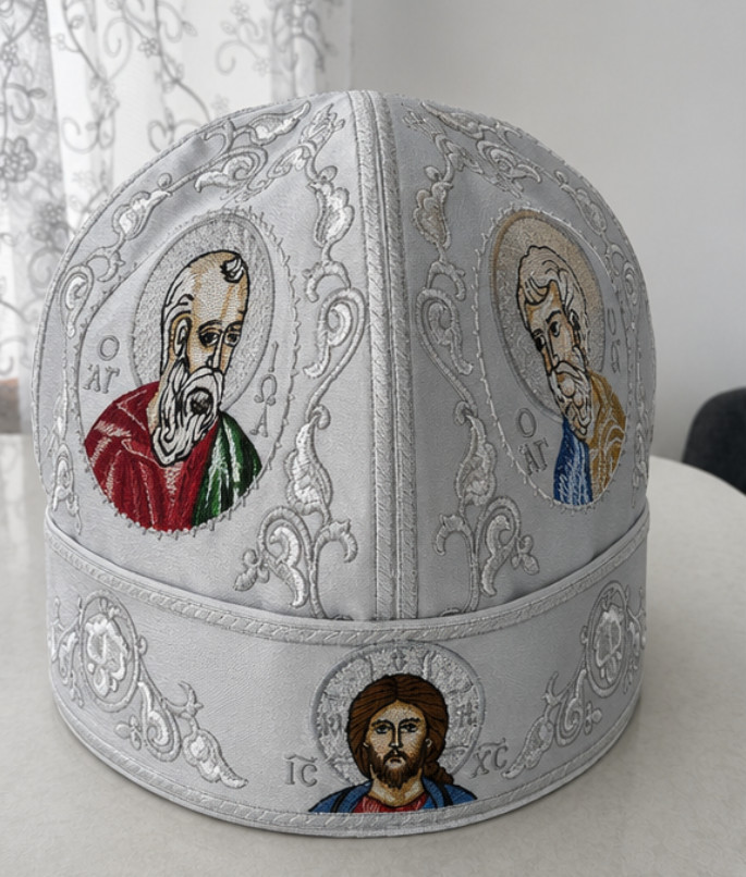 Orthodox Christian Silver Skufia Hat with Embroidered Icons, Clergy Cap