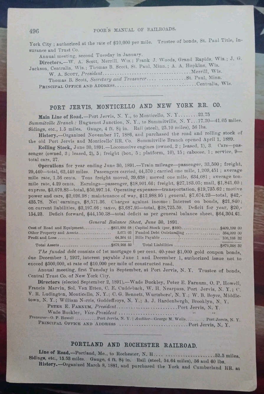 1892 Train Report PORT JERVIS MONTICELLO & NEW YORK RAILROAD Huguenot NY