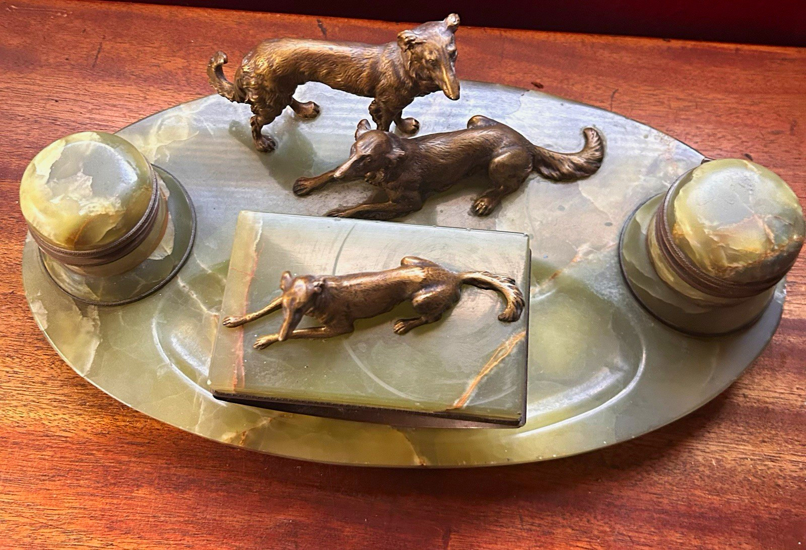 Antique Austrian Vienna Bronze Borzoi Dog Double Inkwell Green Onyx Set Large 15