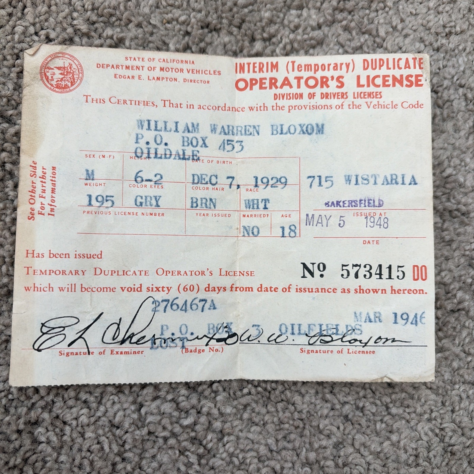 Vintage Drivers License California 1940s Midcentury MCM
