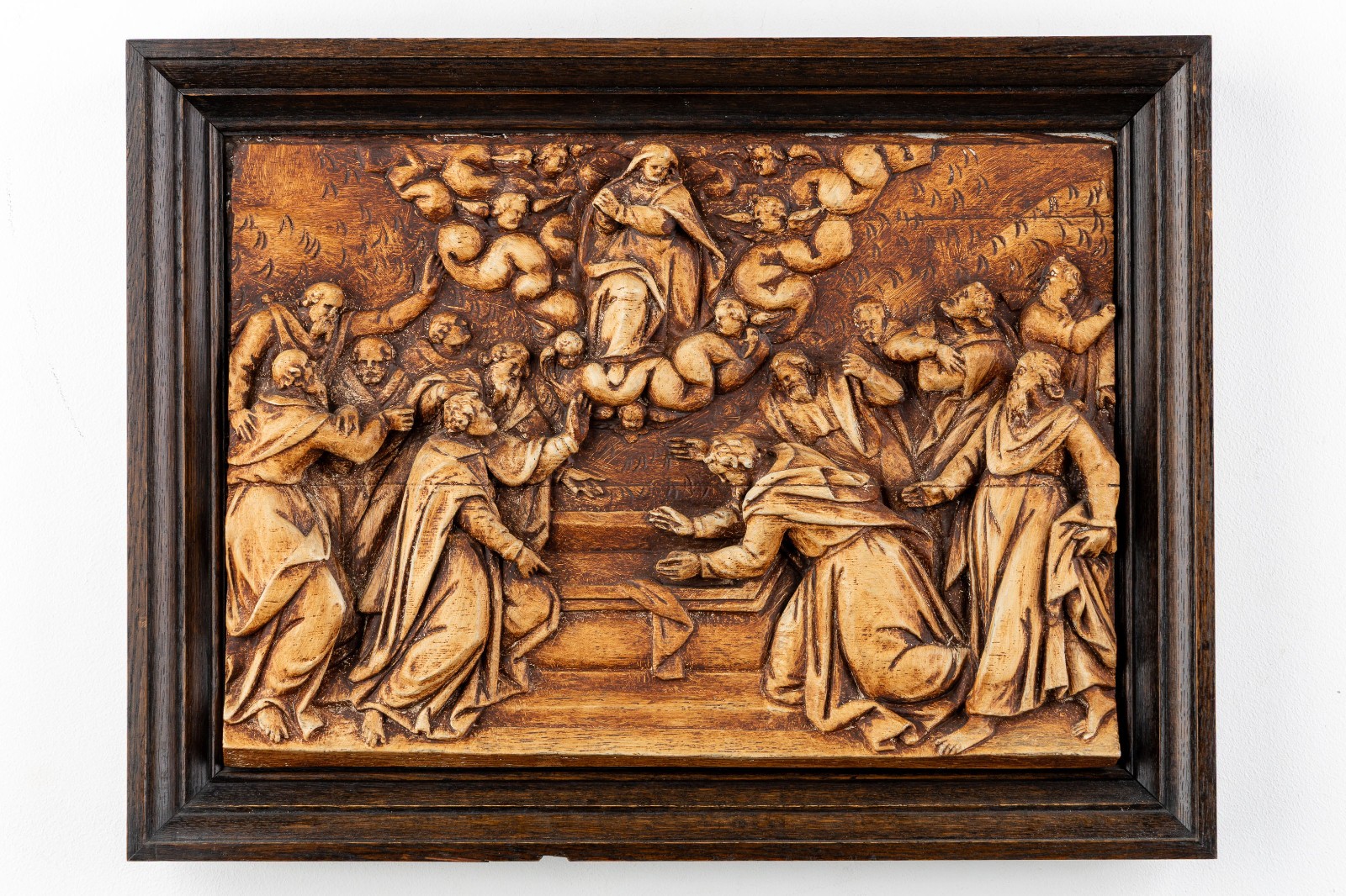 Antique religious chalkware plaque bas relief Assumption mary wood frame