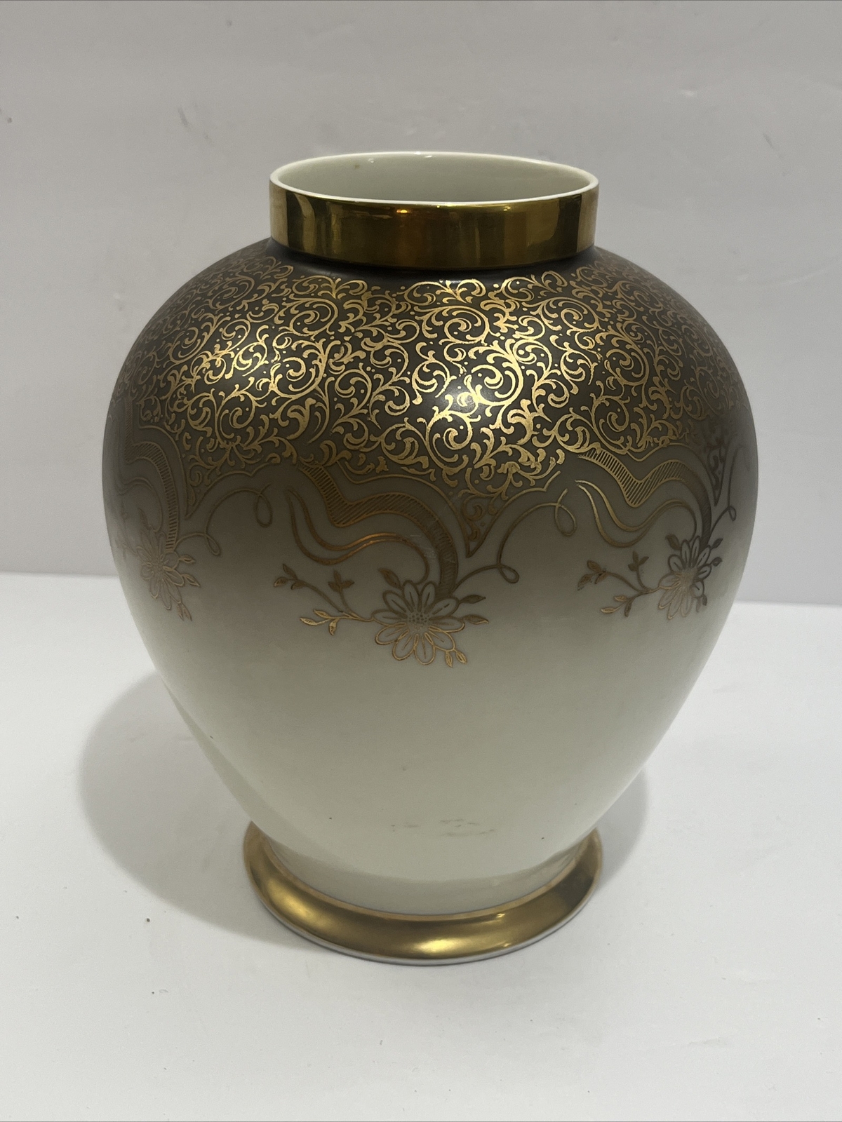 Vintage Bavaria Eberthal Porcelain Gold Floral Vase Hand Painted Porcelain 8”