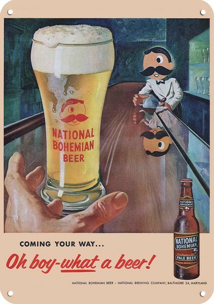 1955 NATIONAL BOHEMIAN BEER & Cartoon Bartender DECORATIVE REPLICA METAL SIGN 1955 NATIONAL BOHEMIAN BEER & Cartoon Bartender DECORATIVE REPLICA METAL SIGN