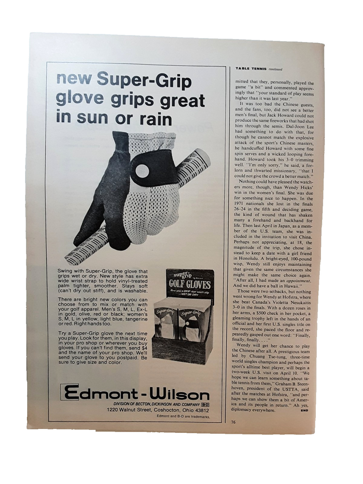 1972 Edmont Wilson Golf Gloves New Super Grip Original Print Ad Vintage 1972 Edmont Wilson Golf Gloves New Super Grip Original Print Ad Vintage
