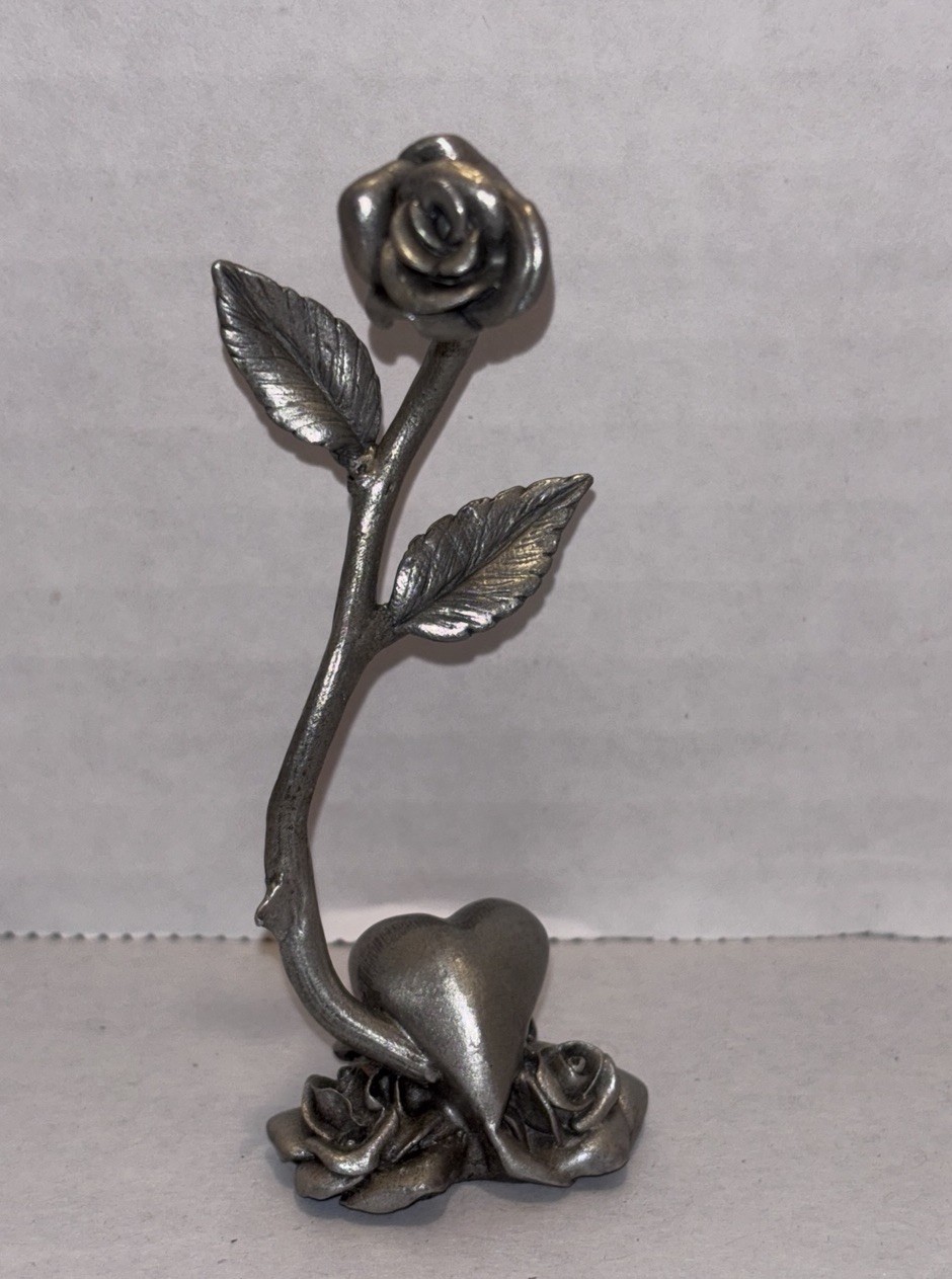 Vintage S&A Pewter Miniature Rose Flower Sculpture Figurine Heart Thorns Stem