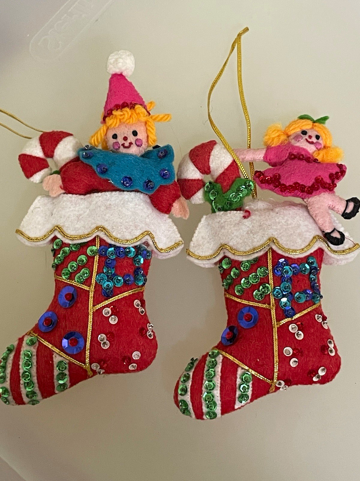 Vintage 1976 Bucilla Finished Toyland Stockings Felt Christmas Ornaments Pair Vintage 1976 Bucilla Finished Toyland Stockings Felt Christmas Ornaments Pair