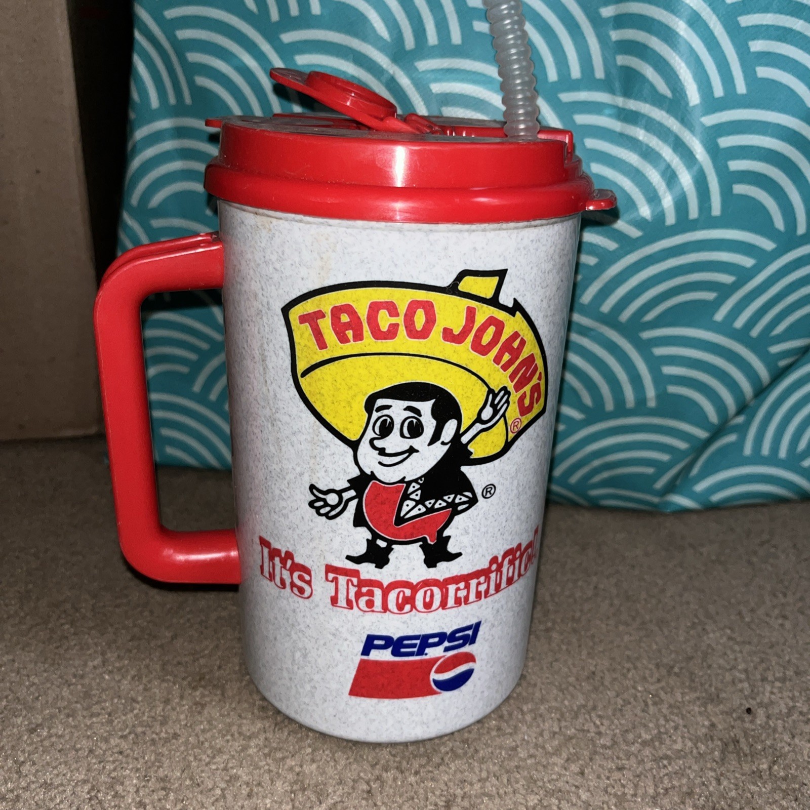 Taco Johns Tacorriffic Big Drinking Cup Mug With Lips & Straw Handle Rare HTF