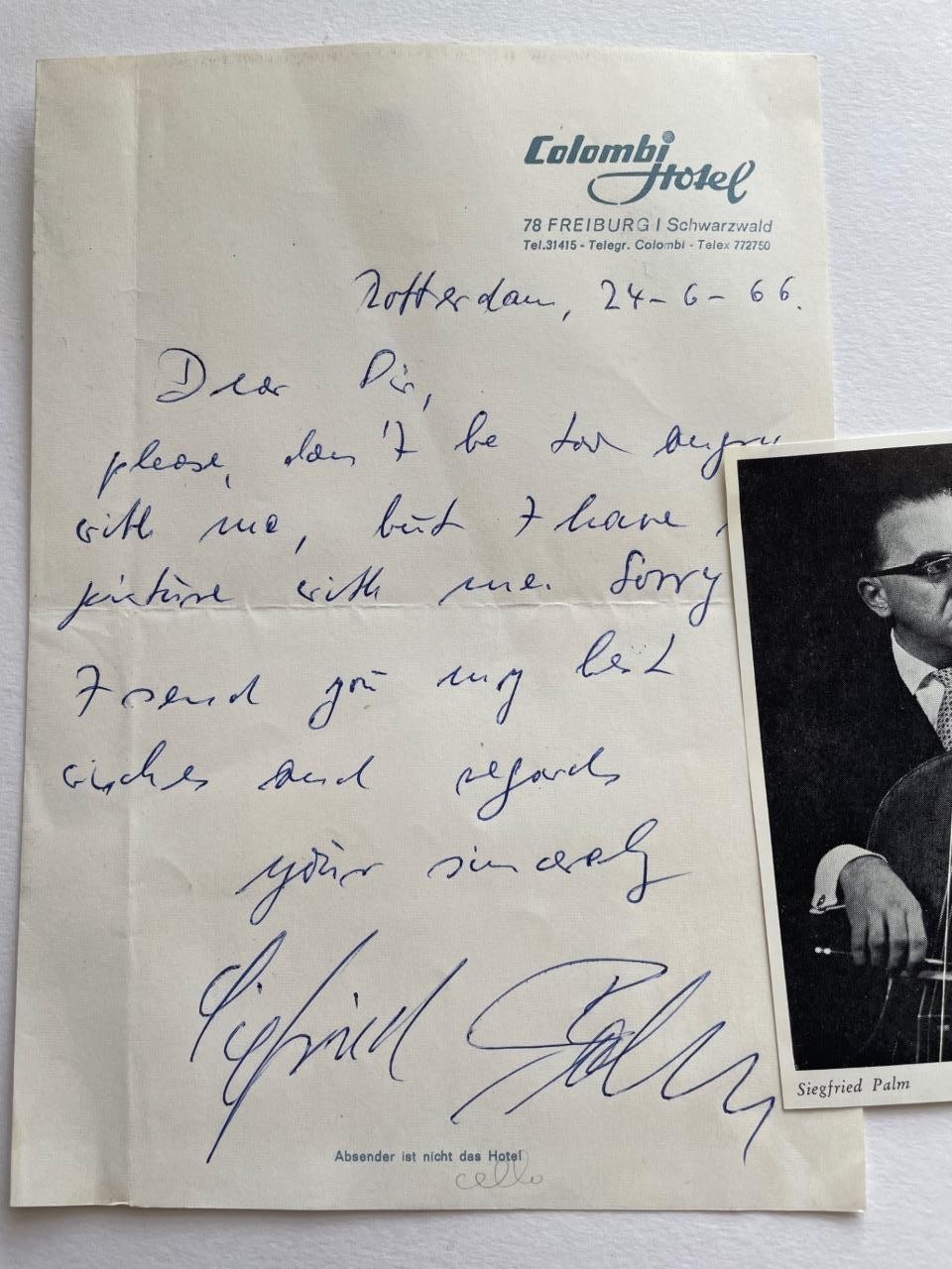 Siegfried Palm, German Cellist, SIGNED letter