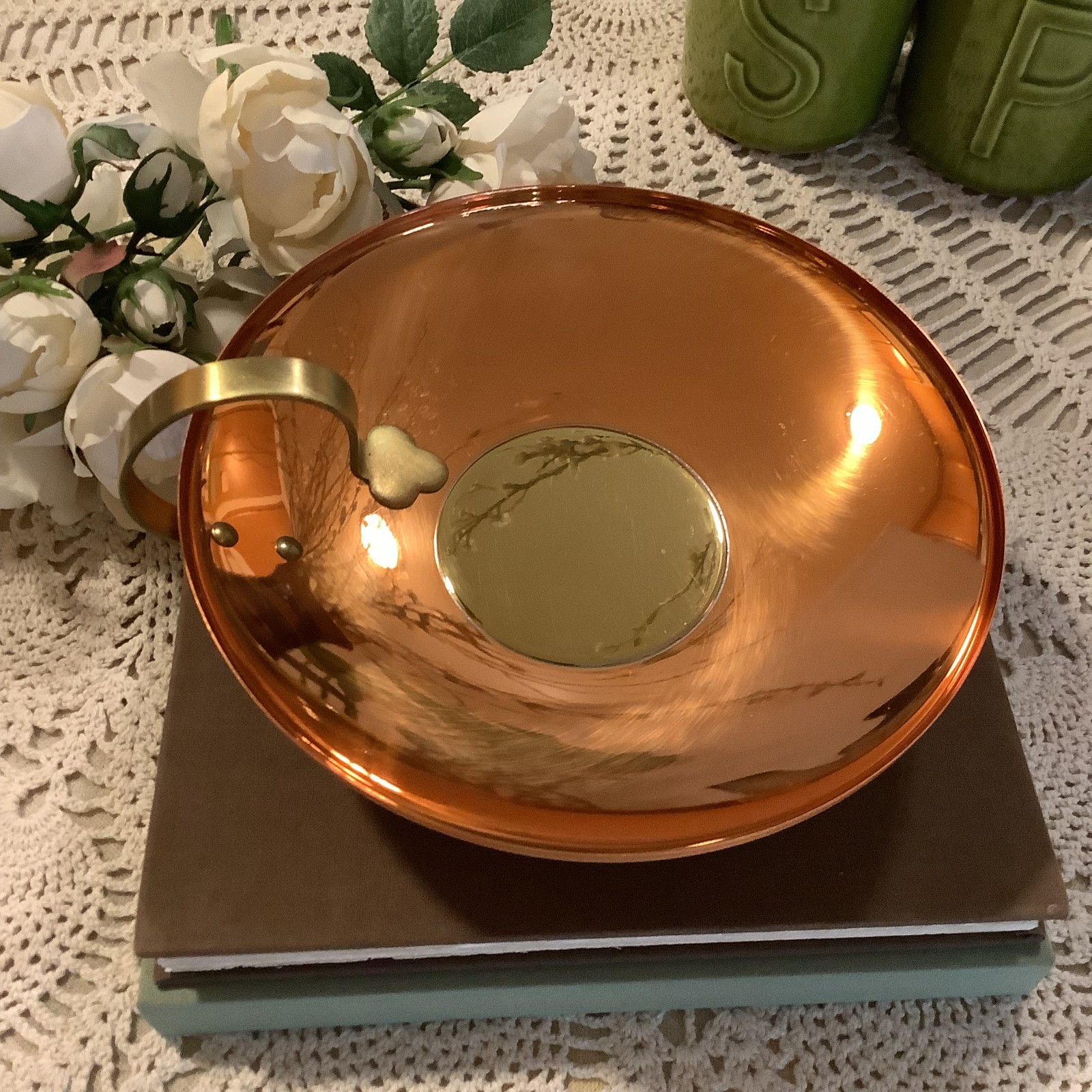 Vintage Copper Craft Guild brass copper component catch all dish w/handle 6.5\