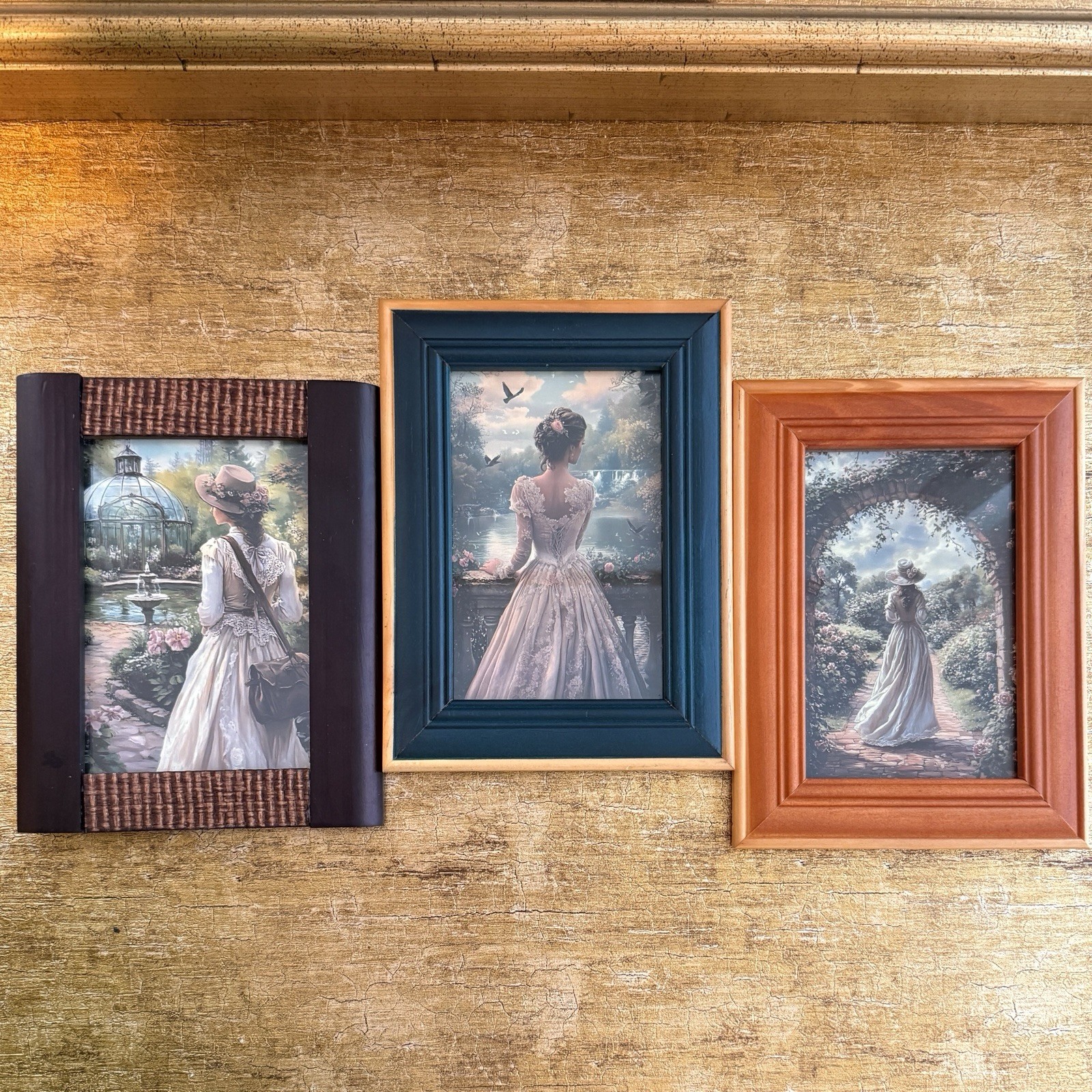 3 Vintage Wood Picture Frames Set w/ Victorian Cottagecore Romantic Postcard Art 3 Vintage Wood Picture Frames Set w/ Victorian Cottagecore Romantic Postcard Art