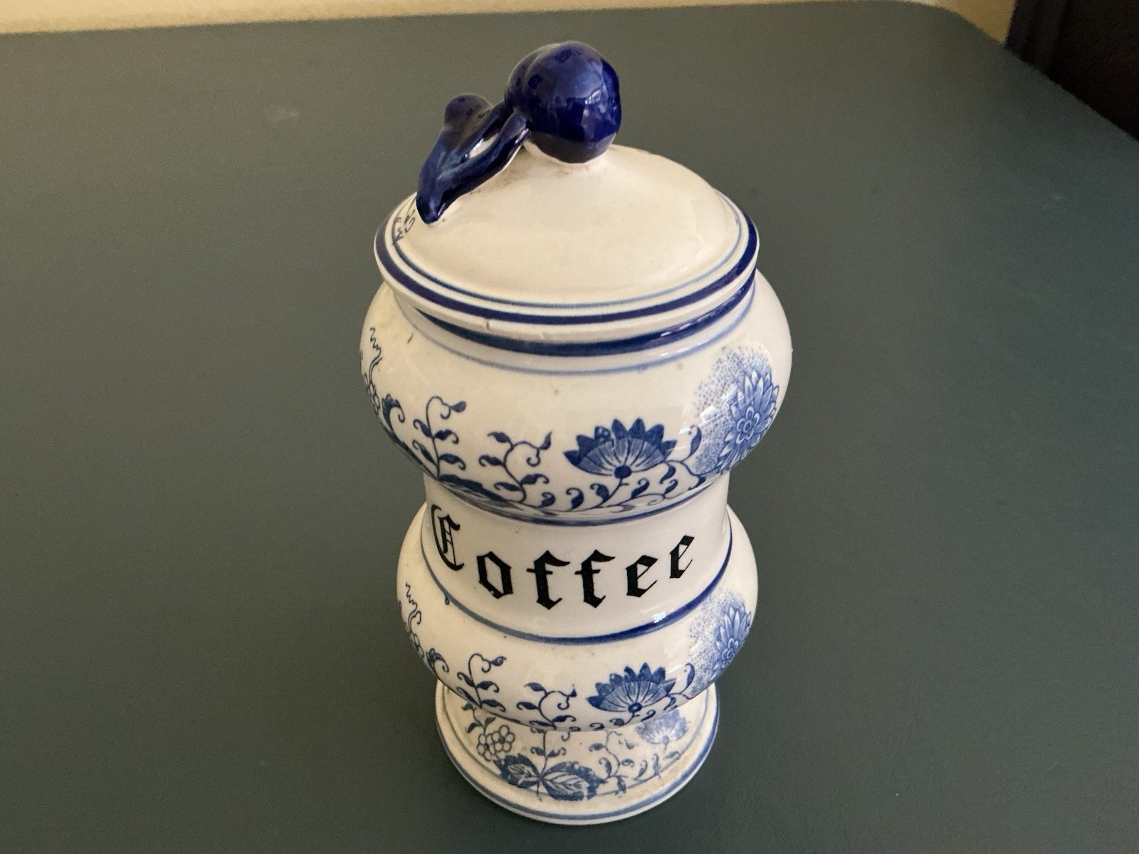 Vintage Arnart Blue Onion Coffee Canister With Lid And Attached Label