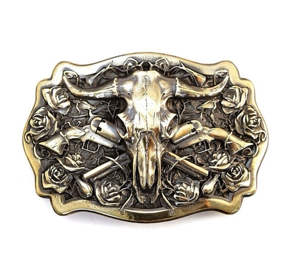 Southwestern Buffalo Skull Brass Artisan Buckle w/ English Bridle Leather Belt
