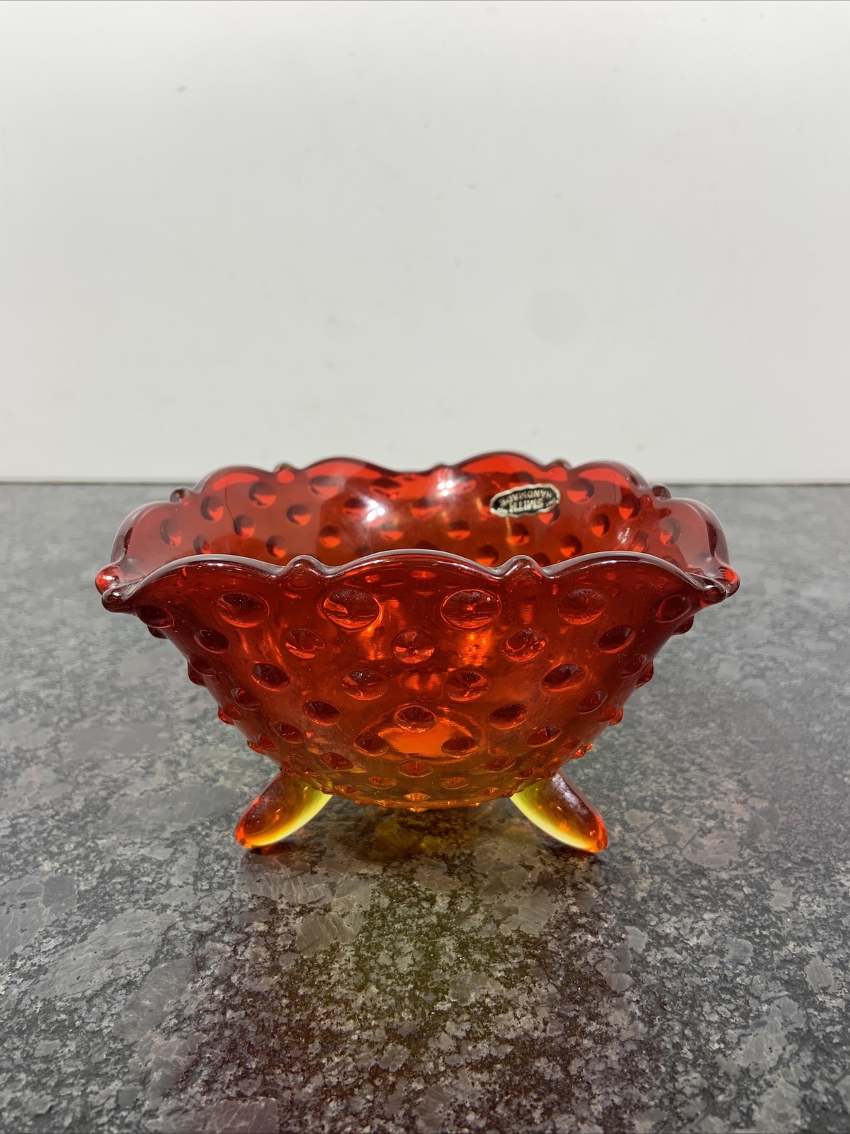 Vintage LE Smith 3 Legged Red Yellow Amberina Triangle Bowl MCM Art Glass