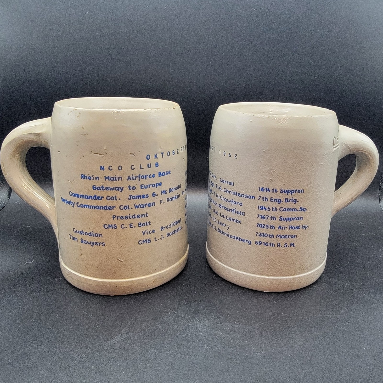 Set of 2 Vtg 1962 Rhein Main AFB NCO Club Oktoberfest Stoneware Steins Mug Set of 2 Vtg 1962 Rhein Main AFB NCO Club Oktoberfest Stoneware Steins Mug