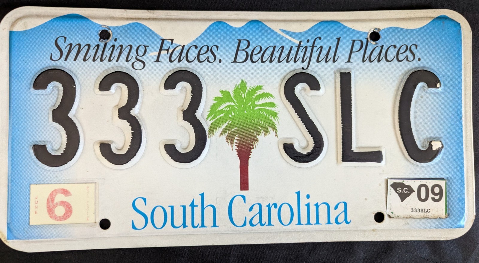 Vintage South Carolina Vehicle License Plate Blue Palm Tree Smiling Faces...