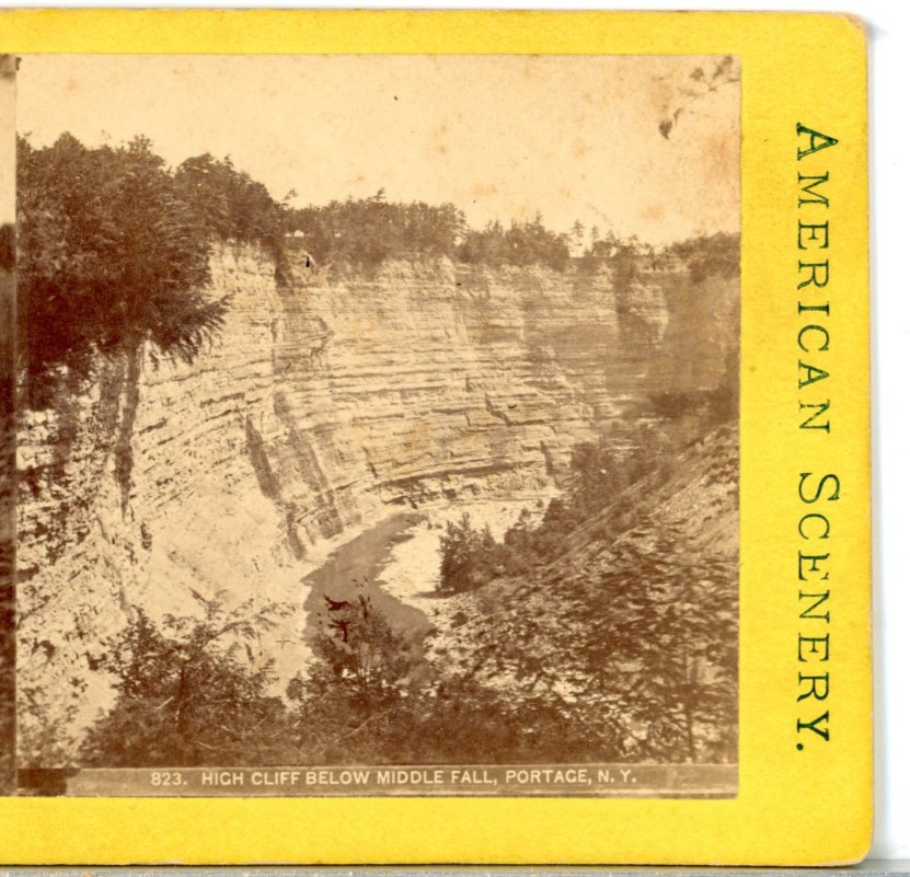 NEW YORK, Portage, High Cliff Below Middle Fall--Stereoview P52 NEW YORK, Portage, High Cliff Below Middle Fall--Stereoview P52