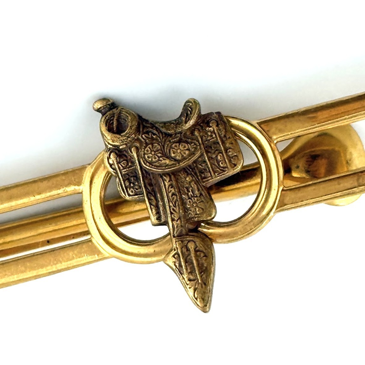 Vintage Gold Tone Horse Saddle Tie Clip Bar Western Cowboy Rodeo