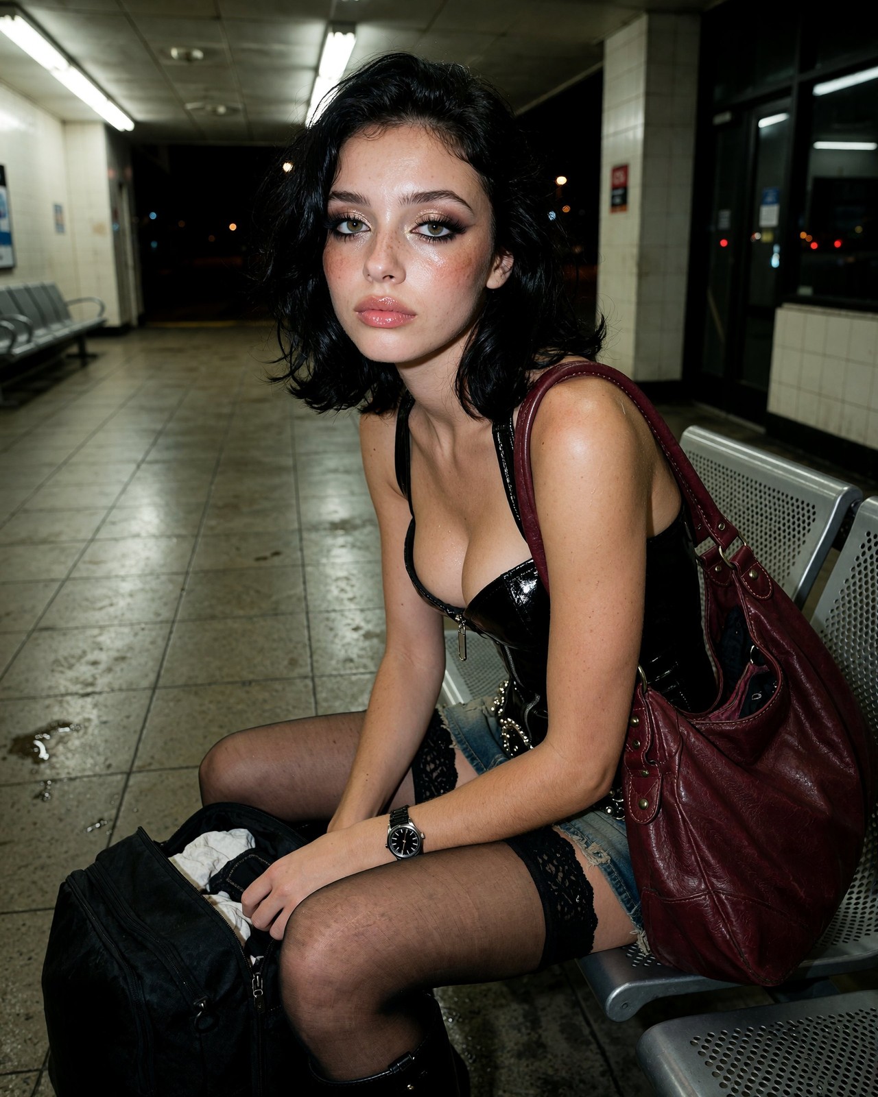 Brunette Busty Bombshell Model Risque Subway Lingerie 8x10 Photo Print - 69640