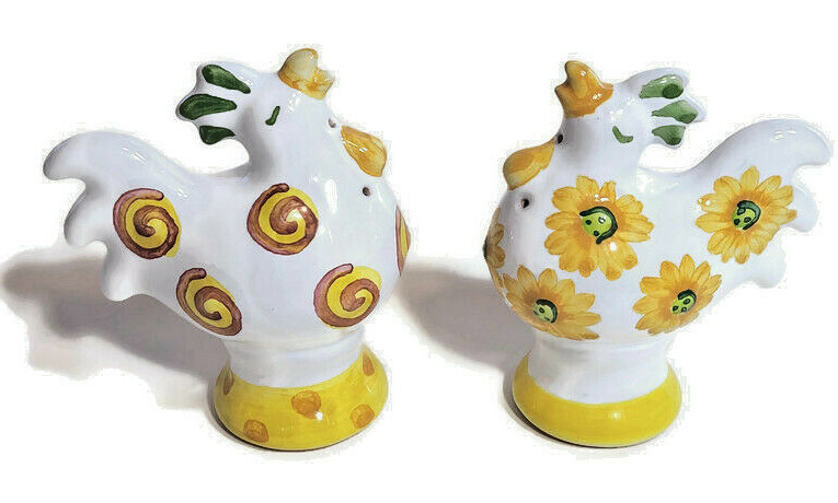 Chickens Rooster Salt & Pepper Shakers Whimsical Porcelain White Yellow Design