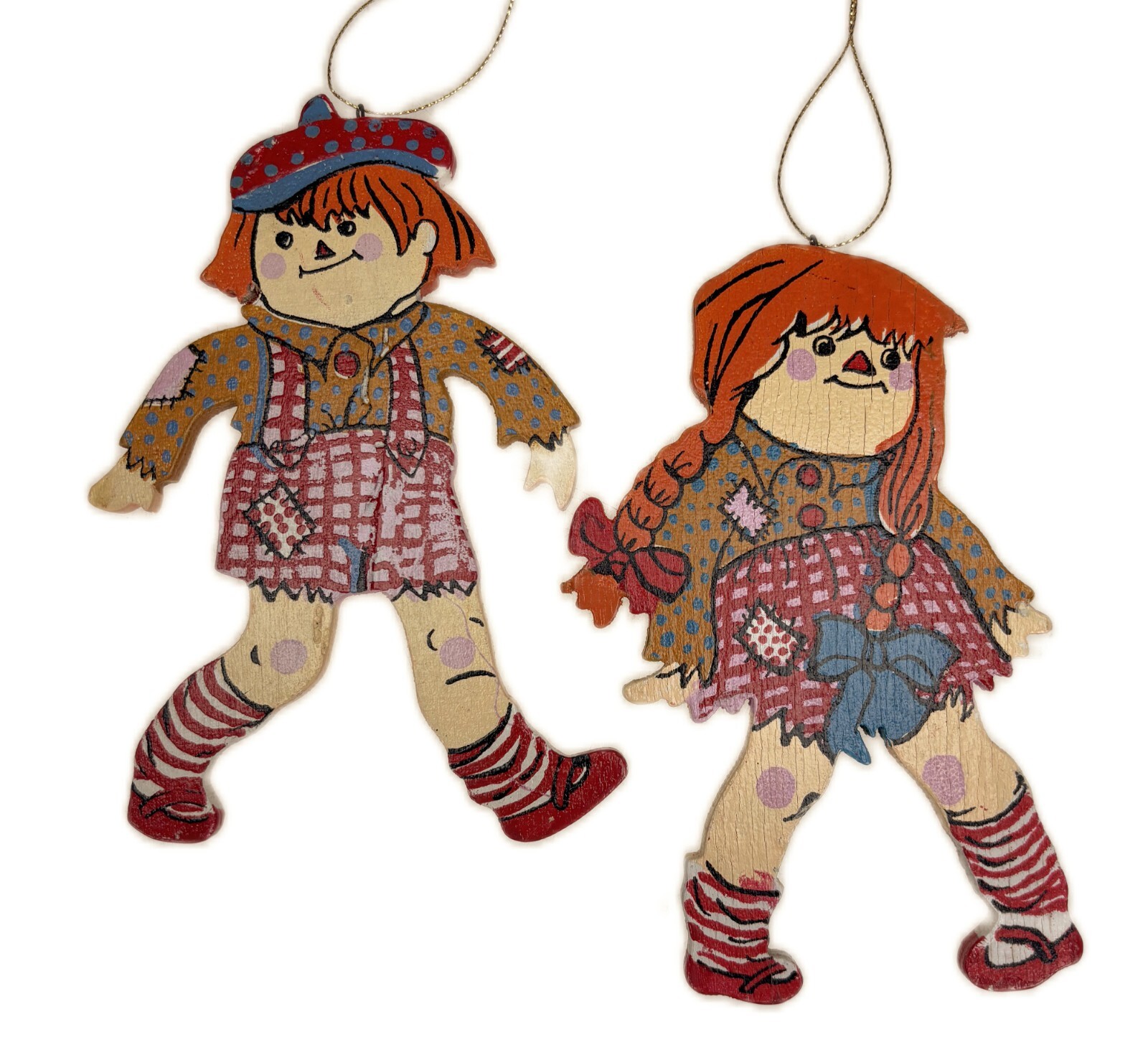 2 Painted Wood Christmas Ornaments Vtg 1970s Rag Doll Raggedy 6.5”