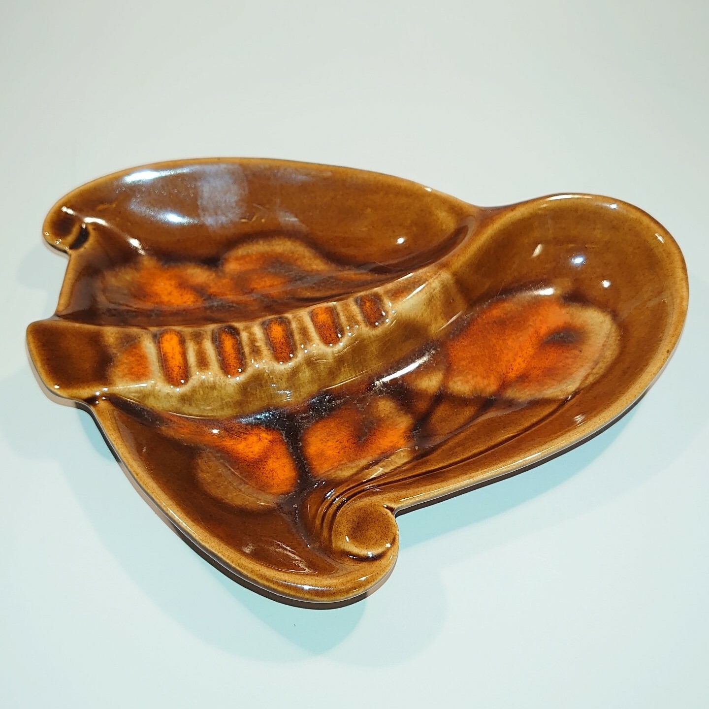 Mid Century Orange & Brown Art Pottery Ceramic Ashtray Made in USA, EUC