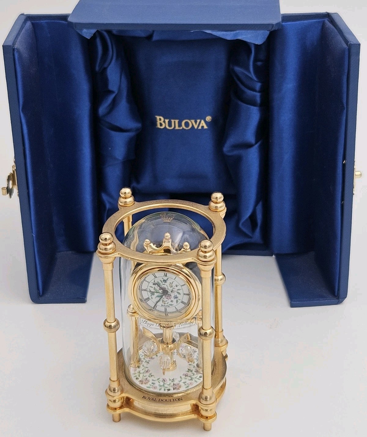 Vintage Bulova Royal Doulton B0007 Mini Brass Porcelain Clock Glass Dome