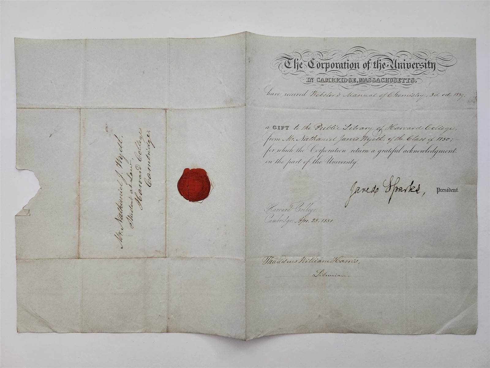 1851 antique HARVARD COLLEGE signed JARED SPARKS President to WYETH cambridge