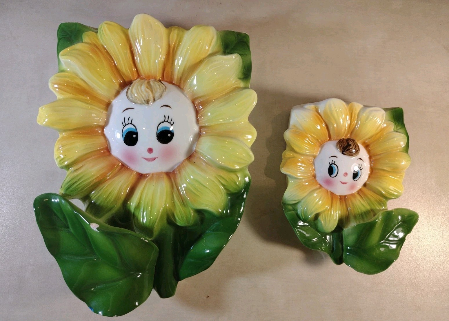 Vintage Lefton PY Japan Anthropomorphic Sunflower Wall Pockets Set Of 2 