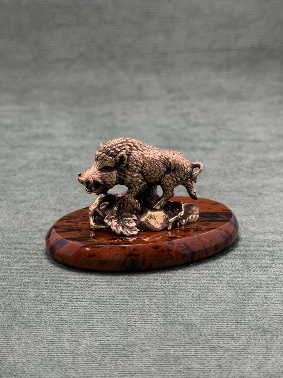 Art Deco Wild Boar Figurine Cast Bronze Statuette Base In Obsidian Stone