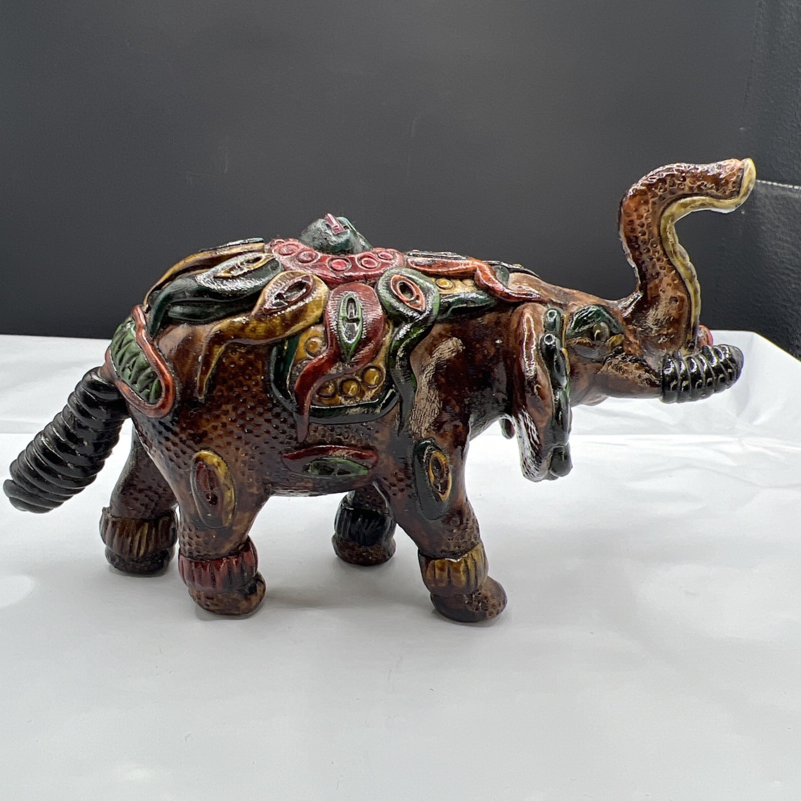 Vintage Guatemalan Folk Art Resin Elephant Figurine Hand Painted Guatemala