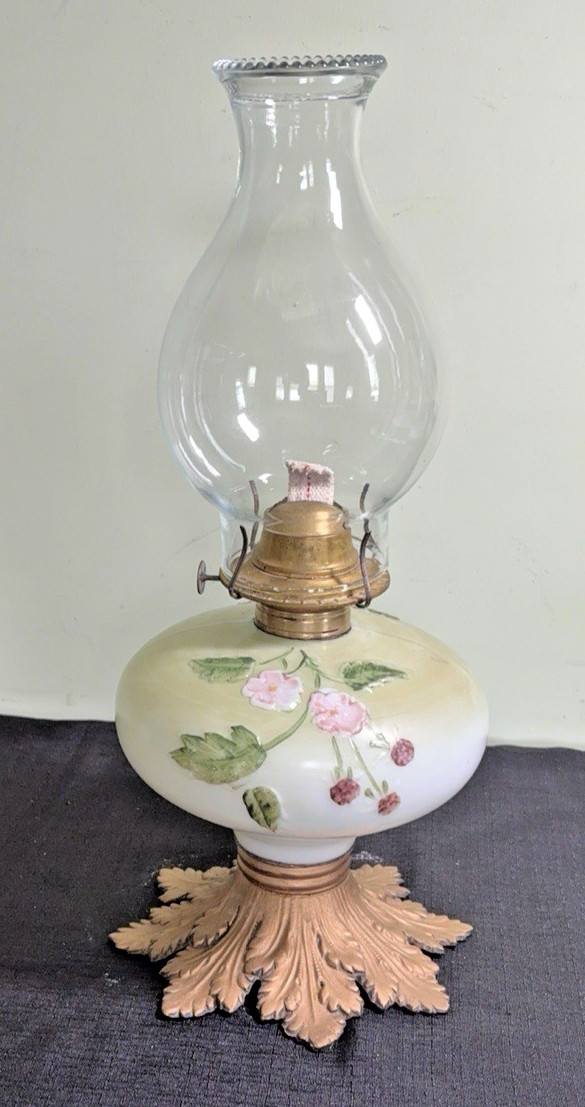 Antique/Vtg Milk Glass Oil Lamp-Raised Enamel Florals-Cast Metal Leaf Base-16
