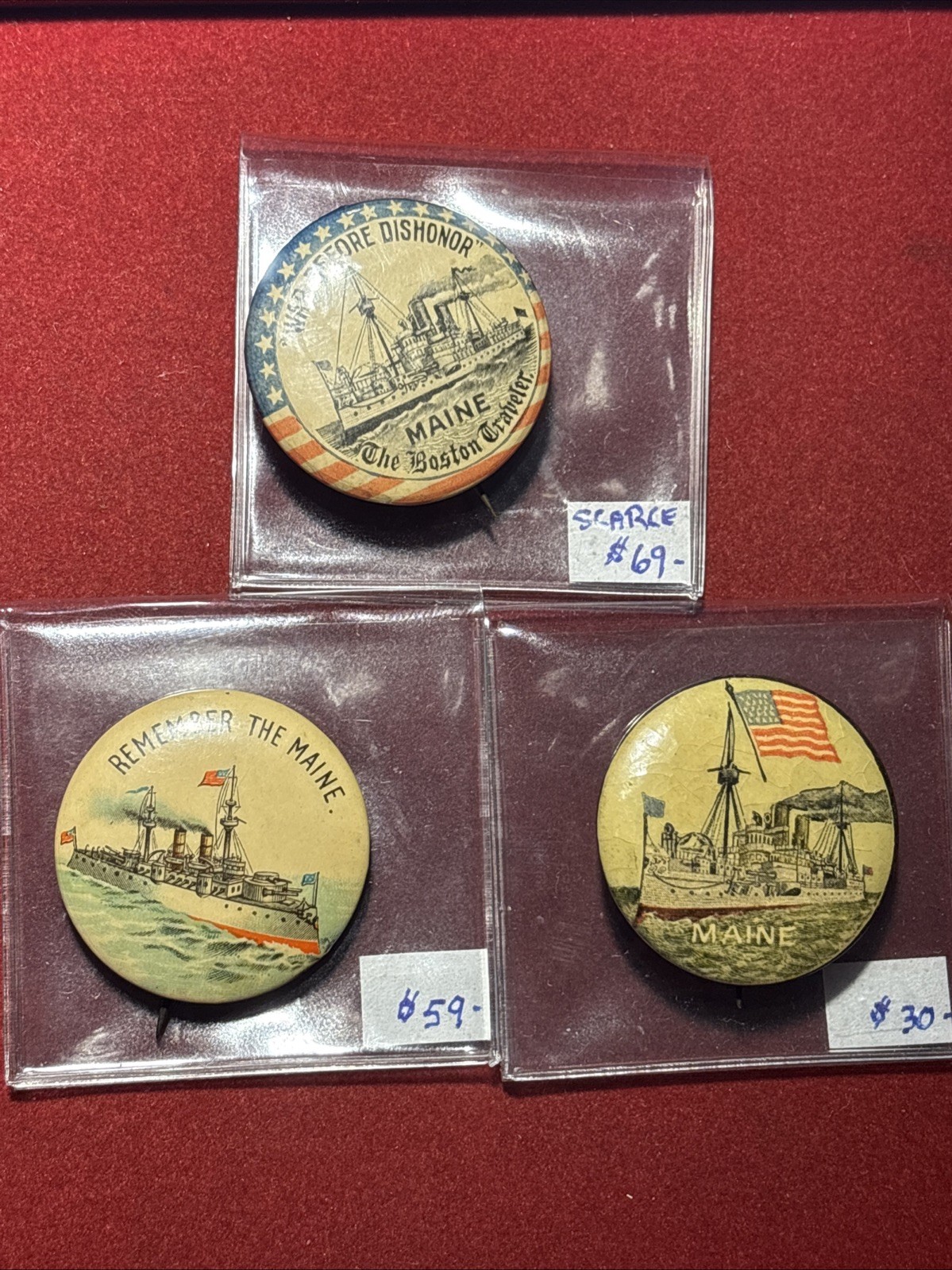 Antique 1890's Pinback Button Lot Of (3) Remember The U.S.S. Maine Battleship