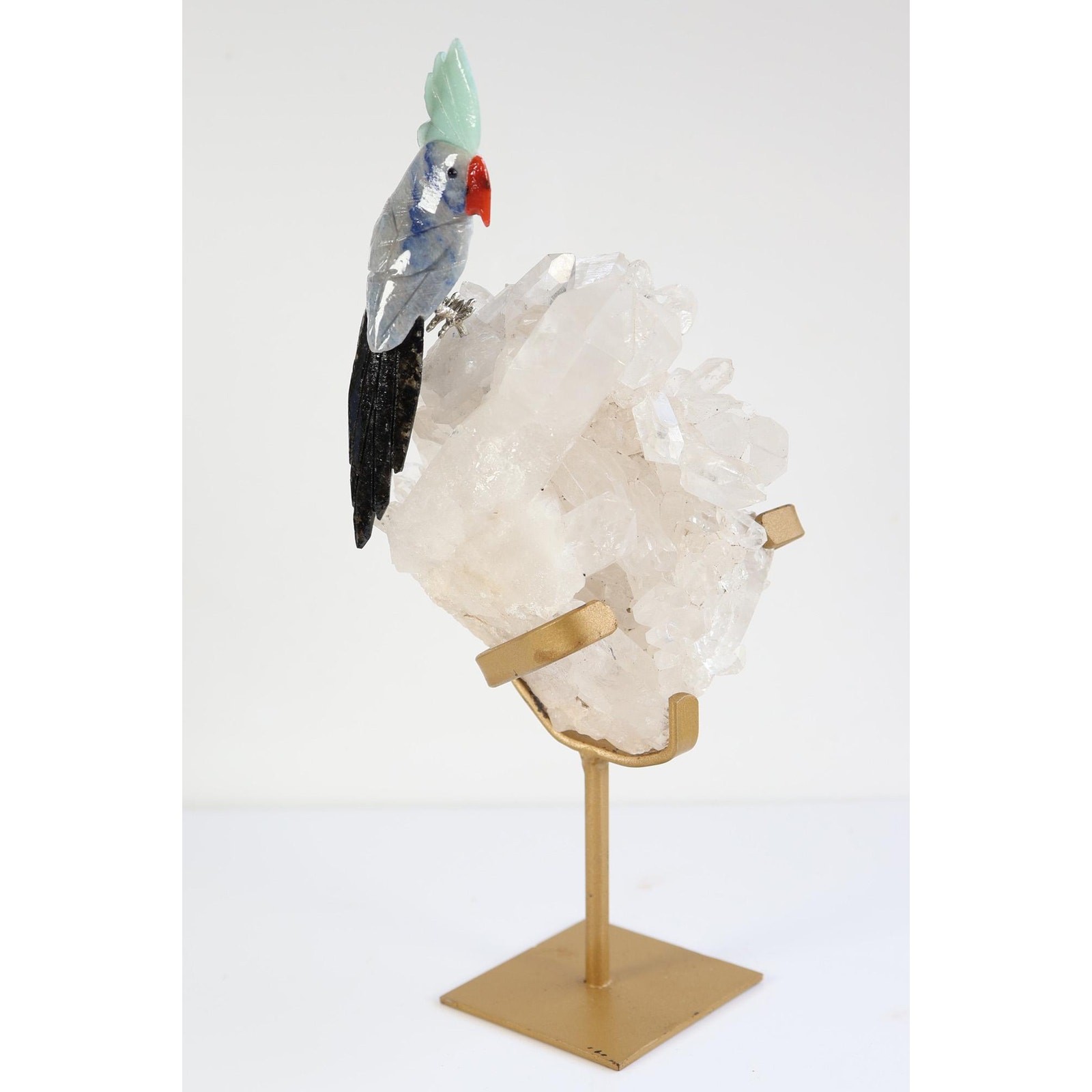 Gemstone Parrot Sculpture on Quartz Crystal
