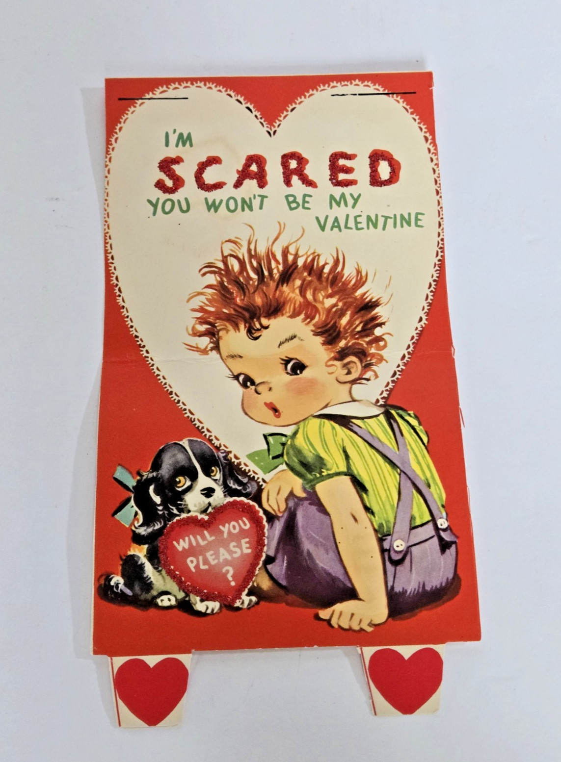 Vtg 1950s Mechanical Valentine Card Boy Puppy Scared Halloween Spooky Theme 7”