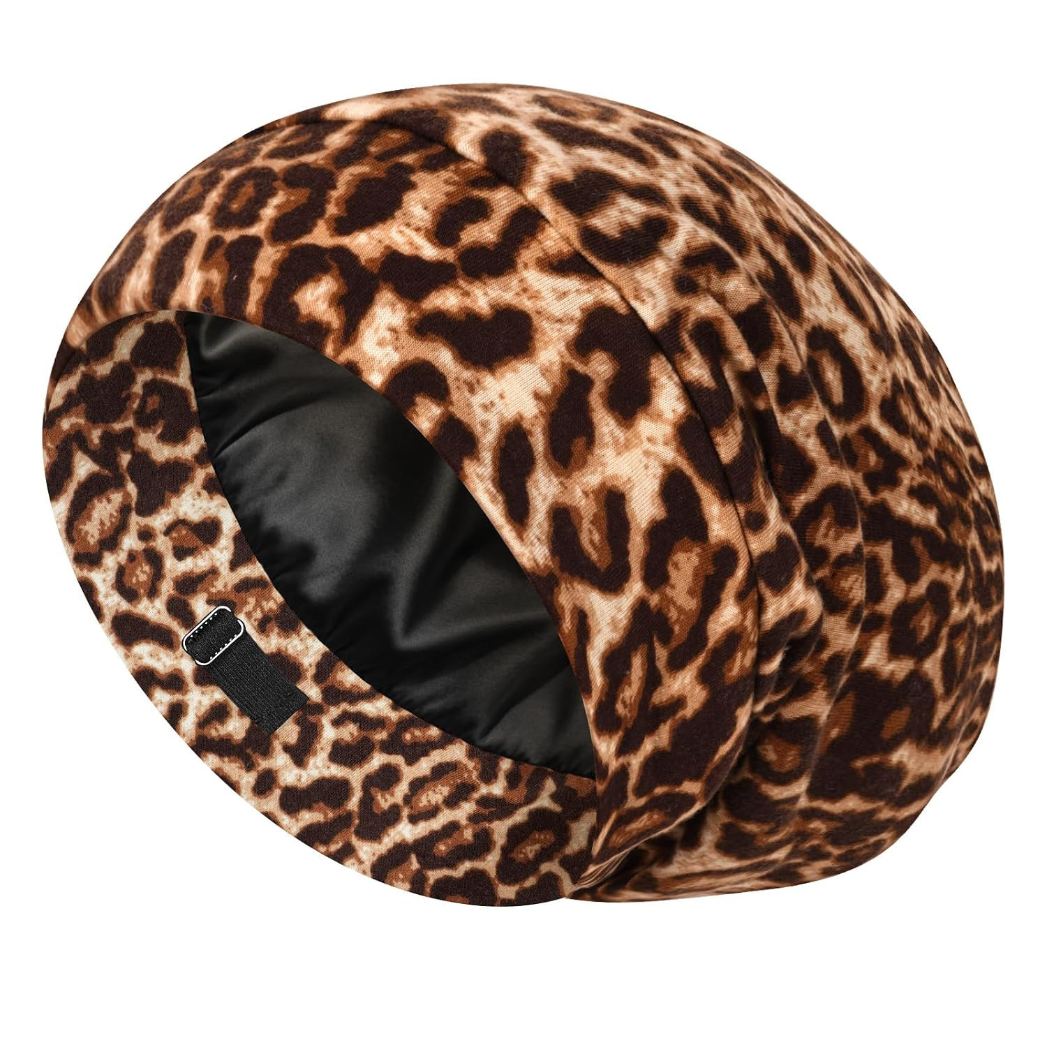 100% Mulberry Silk Bonnet for Sleeping Women & Men, Brown Leopard