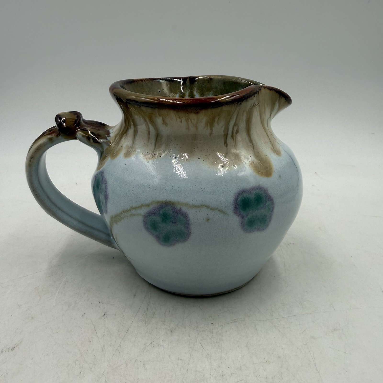 Studio Art Pottery Hand Thrown Small Pitcher Brown Green Jug Artist Signed