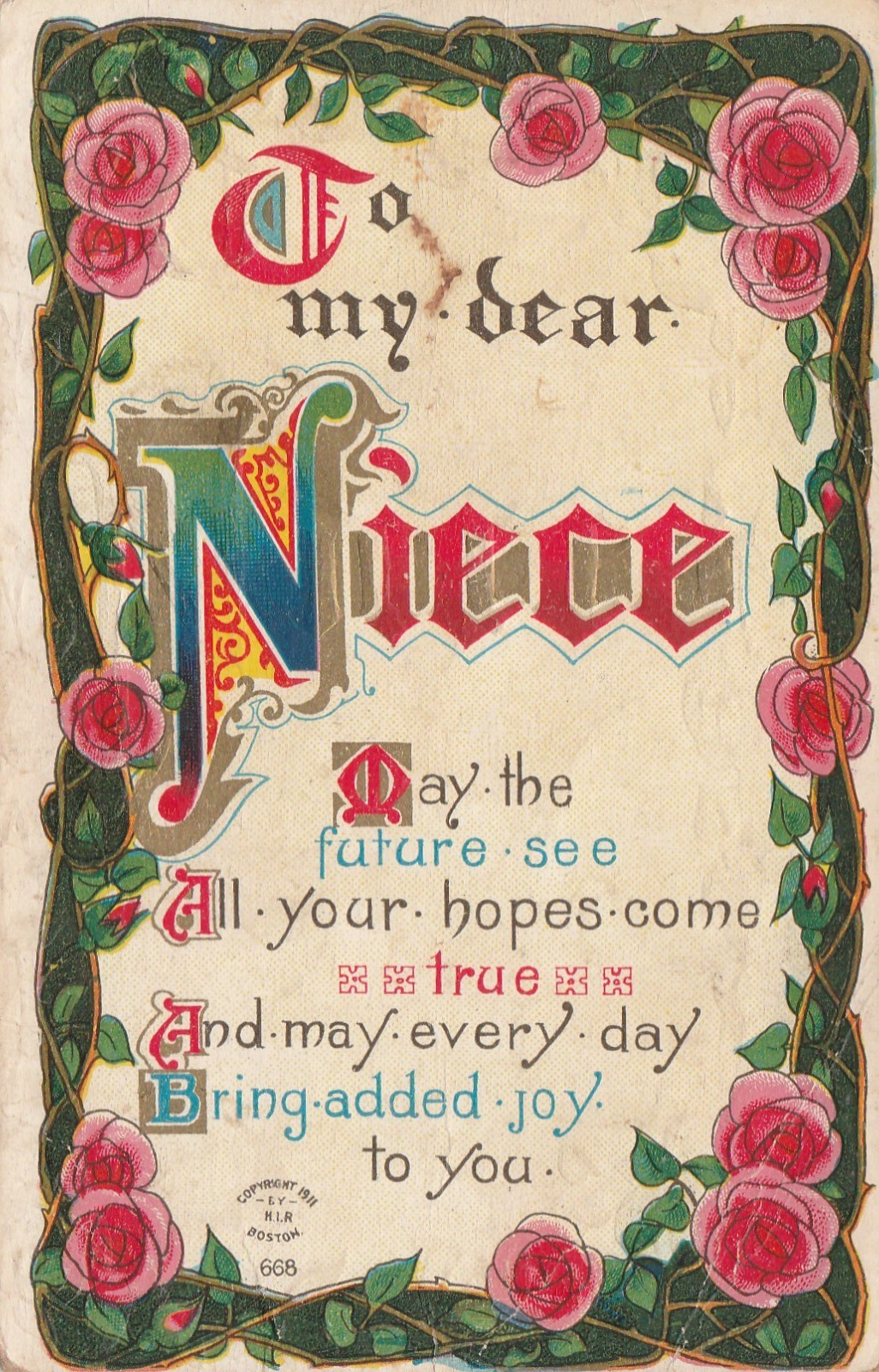 To My Dear Niece Postcard PC Circa 1910s Vintage souvenir