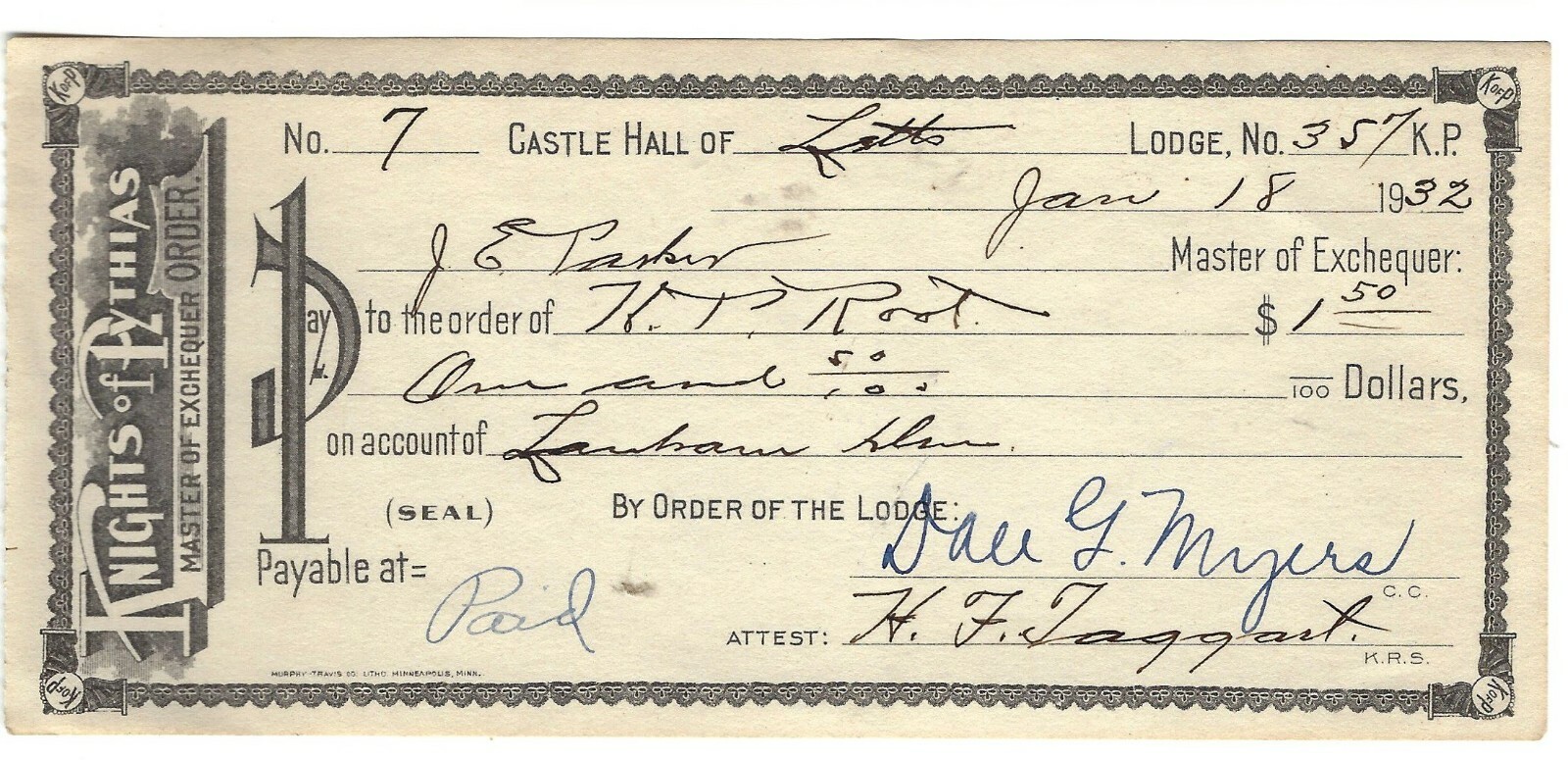 1932 Knights of Pythias Check to K.P. Root, Castle Halls of Letts Lodge, Iowa
