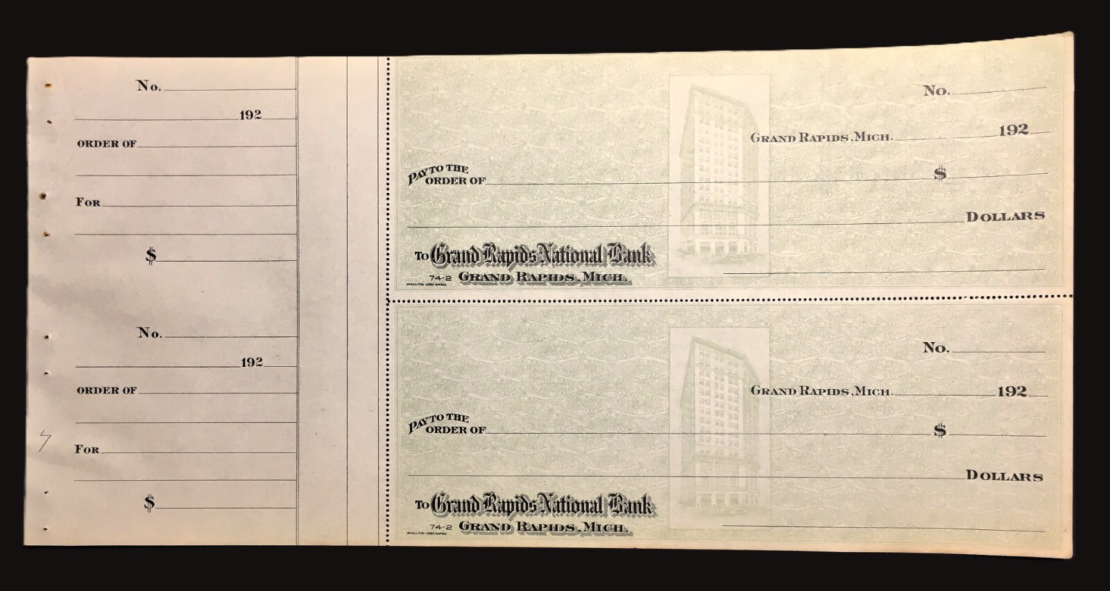 1920\'s Grand Rapids National Bank Check - Two checks with stubs attached